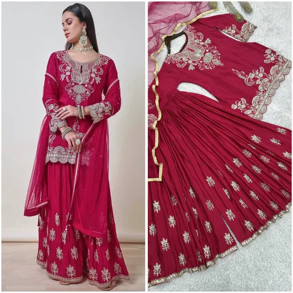 New_Ready_To_Wear_Collection_3_Piece_Fancy_Kurti_With_Beautiful_Flaired_Plazzo_And_Dupatta
