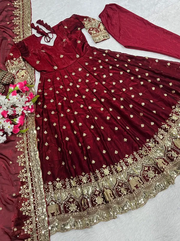 Embroidered_Pure_Fendy_Silk_Anarkali_Referring_To_The_Heavy_Silk_Style_Fabric_And_Gold_Zari_Sequin_Work