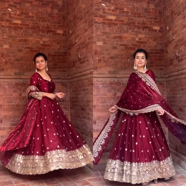 Embroidered_Pure_Fendy_Silk_Anarkali_Referring_To_The_Heavy_Silk_Style_Fabric_And_Gold_Zari_Sequin_Work