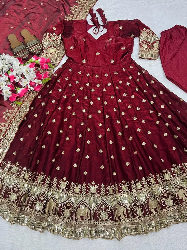 Embroidered_Pure_Fendy_Silk_Anarkali_Referring_To_The_Heavy_Silk_Style_Fabric_And_Gold_Zari_Sequin_Work