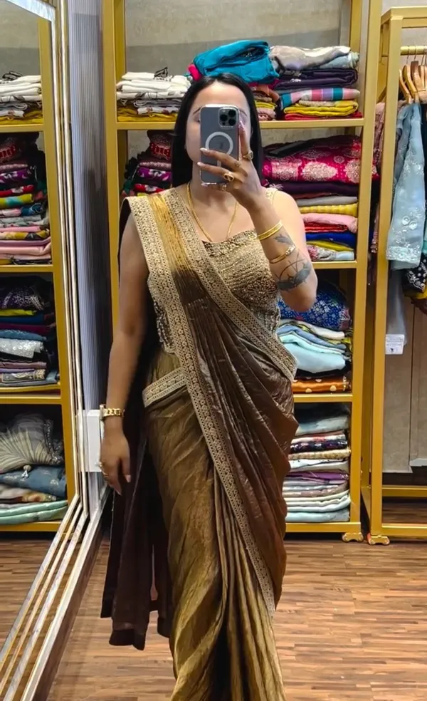 New_Super_Trending_Embroidery_Sequence_Work_Ready_To_Wear_Saree_With_Embroidery_Blouse_Metalic_Brown