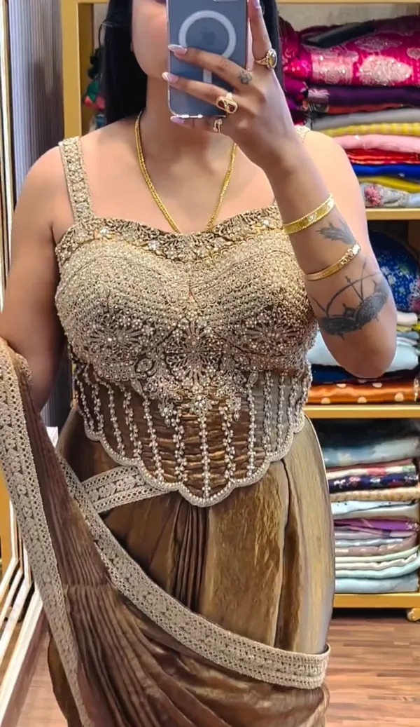 New_Super_Trending_Embroidery_Sequence_Work_Ready_To_Wear_Saree_With_Embroidery_Blouse_Metalic_Brown