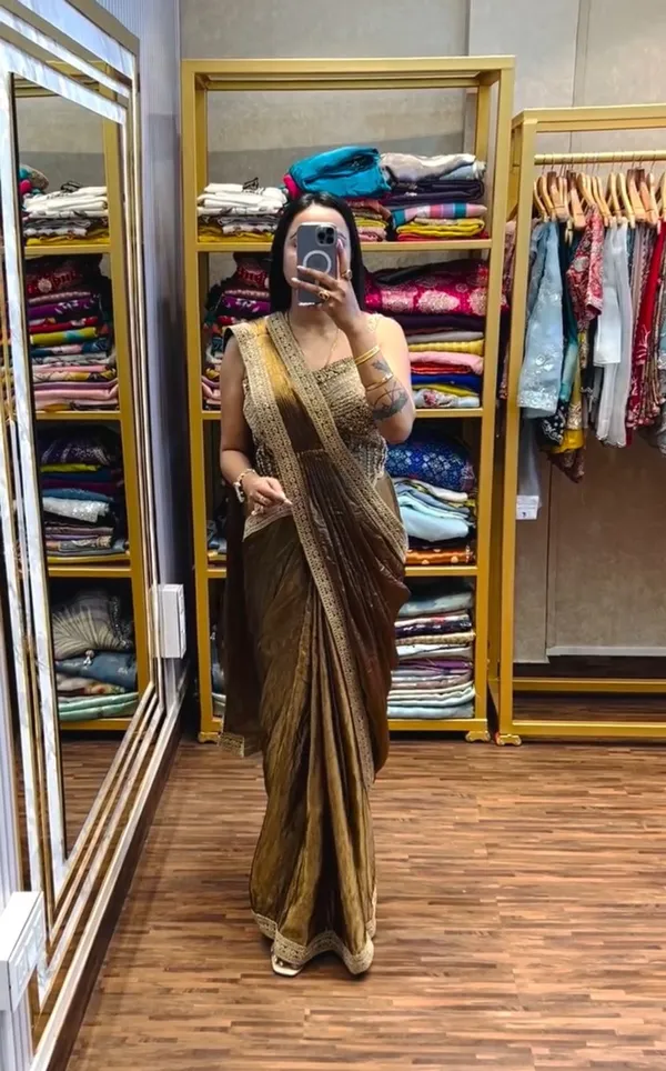 New_Super_Trending_Embroidery_Sequence_Work_Ready_To_Wear_Saree_With_Embroidery_Blouse_Metalic_Brown