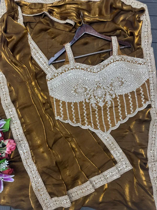 New_Super_Trending_Embroidery_Sequence_Work_Ready_To_Wear_Saree_With_Embroidery_Blouse_Metalic_Brown