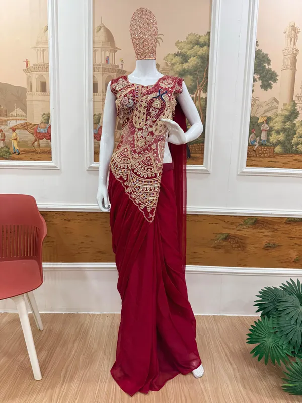 New_Stunning_Superhit_Trending_Rich_Maroon_Ready_To_Wear_Saree_With_Fully_Embroidered_Stylist_Blouse_On_Rangoli_Silfabric