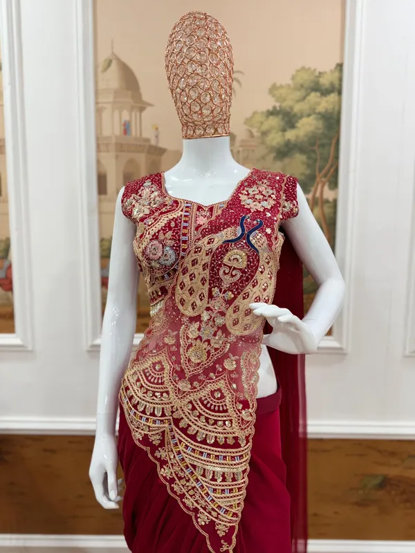 New_Stunning_Superhit_Trending_Rich_Maroon_Ready_To_Wear_Saree_With_Fully_Embroidered_Stylist_Blouse_On_Rangoli_Silfabric