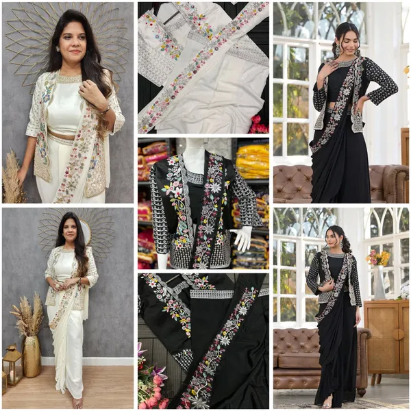 Indo_Western_Ready_To_Wear_Drape_Saree_With_Multi_Color_Embroidered_Koti_White
