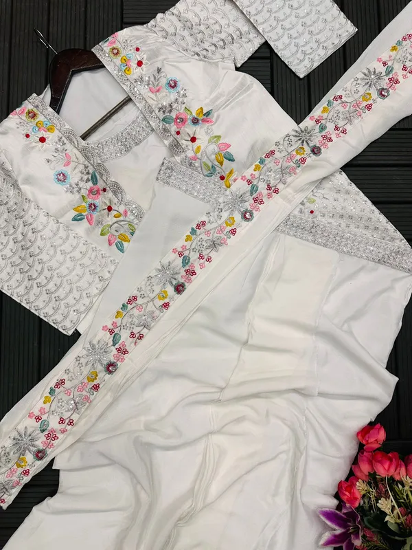 Indo_Western_Ready_To_Wear_Drape_Saree_With_Multi_Color_Embroidered_Koti_White