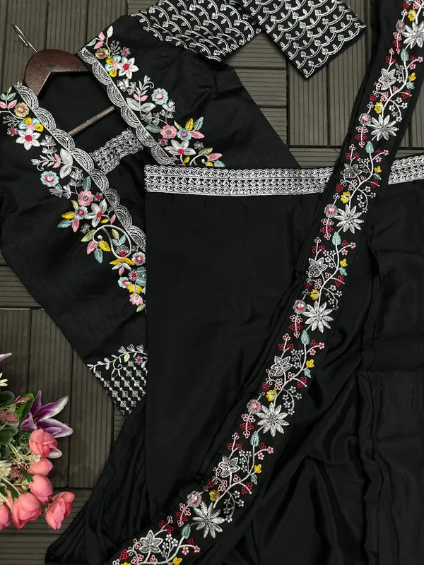 Indo_Western_Ready_To_Wear_Drape_Saree_With_Multi_Color_Embroidered_Koti_Black