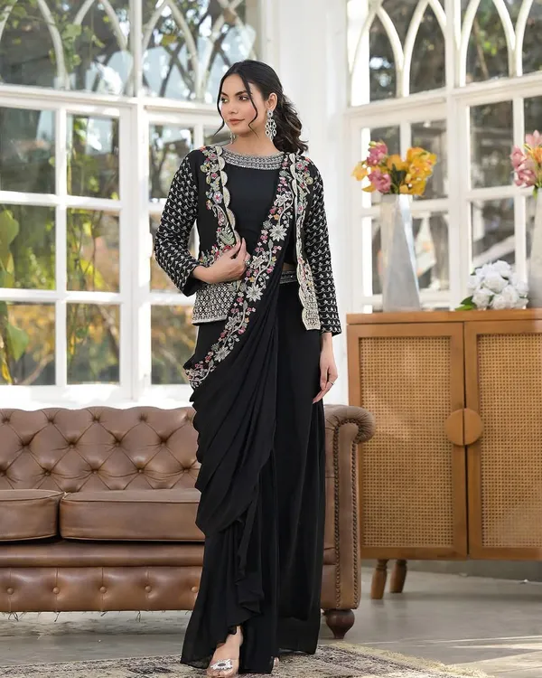 Indo_Western_Ready_To_Wear_Drape_Saree_With_Multi_Color_Embroidered_Koti_Black