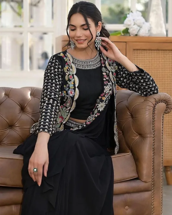 Indo_Western_Ready_To_Wear_Drape_Saree_With_Multi_Color_Embroidered_Koti_Black