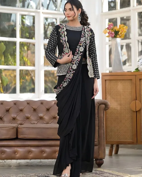 Indo_Western_Ready_To_Wear_Drape_Saree_With_Multi_Color_Embroidered_Koti_Black