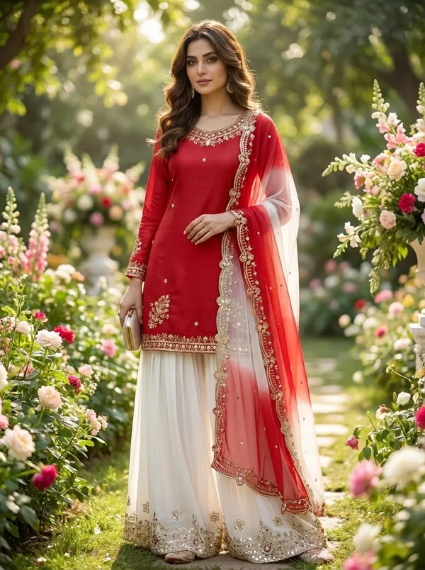 Embroidered_Pakistani_Sharara_Suit_With_Organza_Dupatta_Red