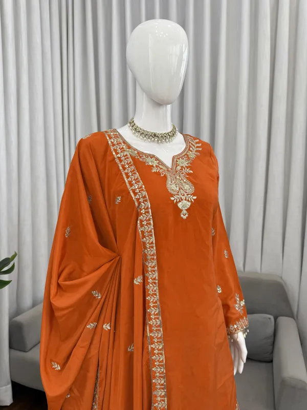 Heavy_Natural_Crepe_Silk_3_Piece_Readymade_Sharara_Top_Set_Orange