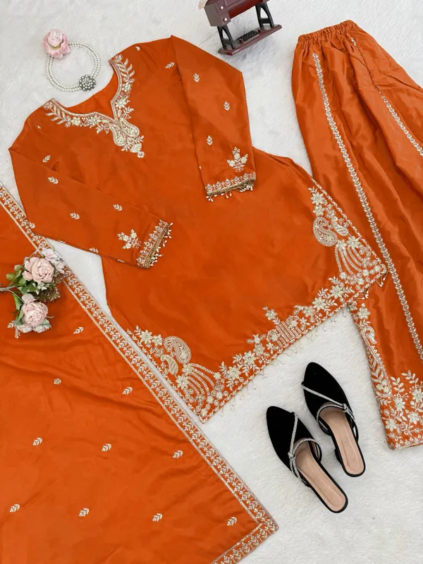 Heavy_Natural_Crepe_Silk_3_Piece_Readymade_Sharara_Top_Set_Orange