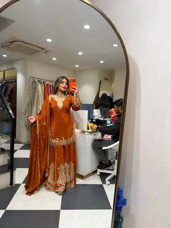 Heavy_Natural_Crepe_Silk_3_Piece_Readymade_Sharara_Top_Set_Orange