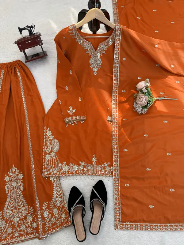 Heavy_Natural_Crepe_Silk_3_Piece_Readymade_Sharara_Top_Set_Orange