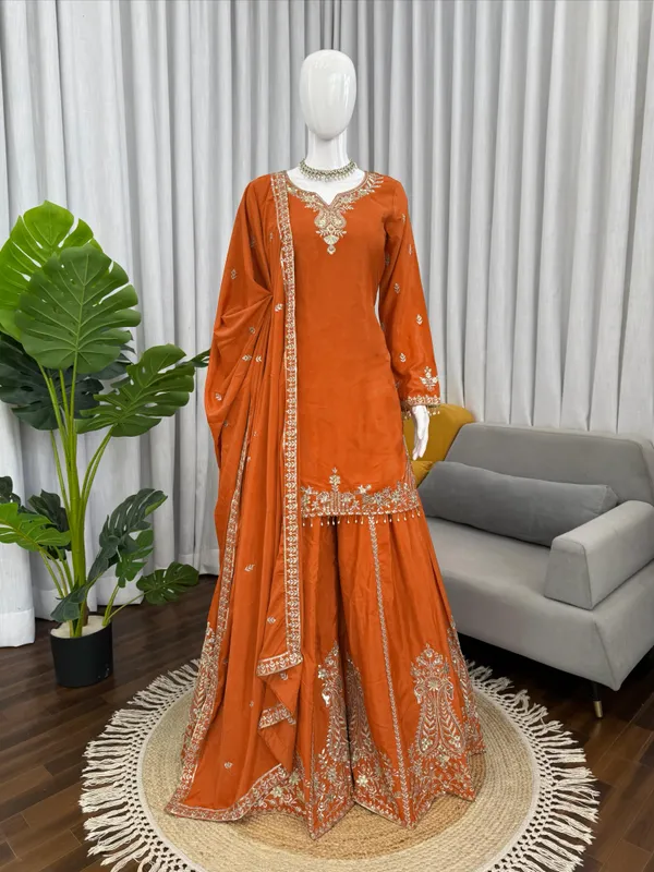 Heavy_Natural_Crepe_Silk_3_Piece_Readymade_Sharara_Top_Set_Orange
