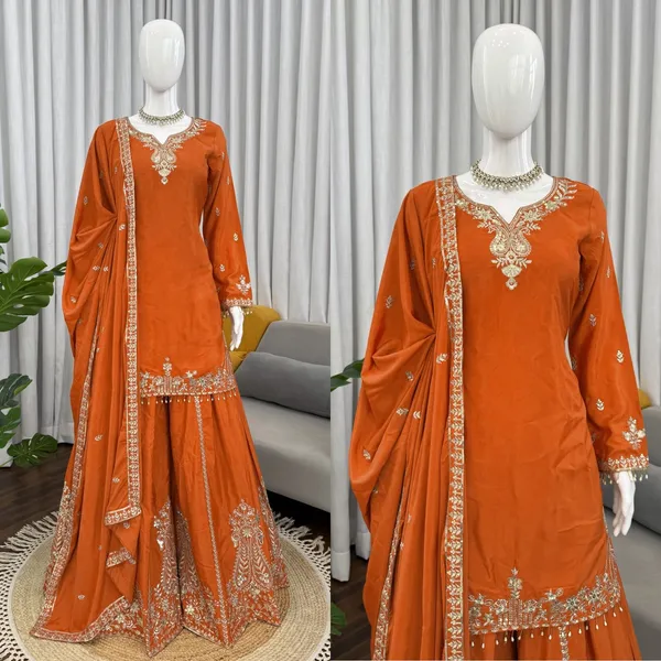 Heavy_Natural_Crepe_Silk_3_Piece_Readymade_Sharara_Top_Set_Orange