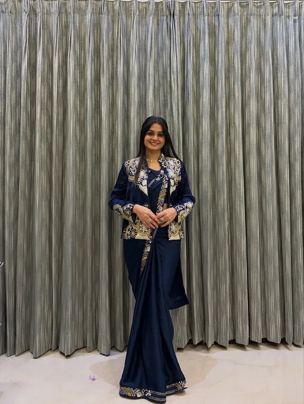 New_Super_Trending_Embroidery_Sequence_Work_Ready_To_Wear_Saree_With_Full_Koti_Navy