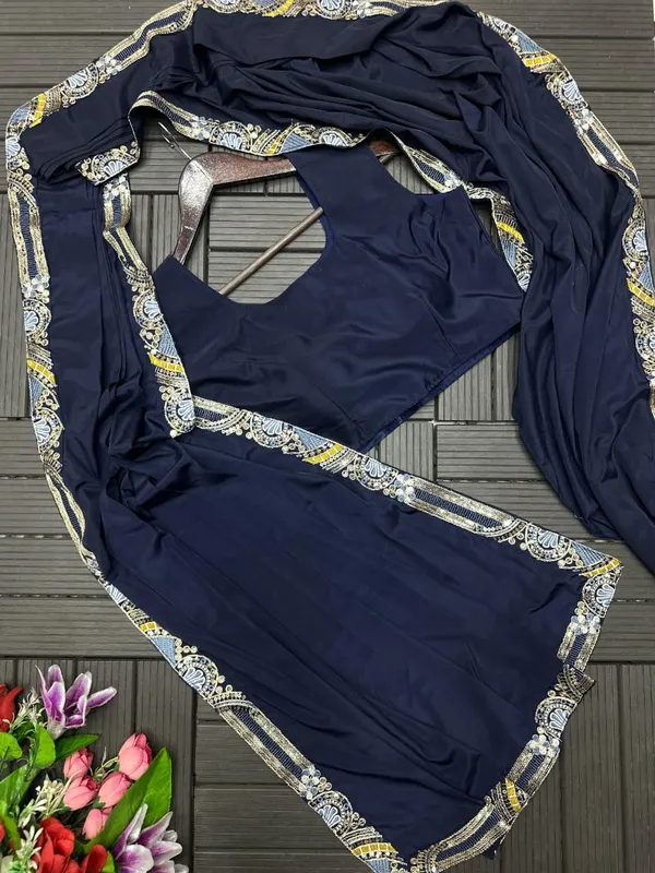 New_Super_Trending_Embroidery_Sequence_Work_Ready_To_Wear_Saree_With_Full_Koti_Navy