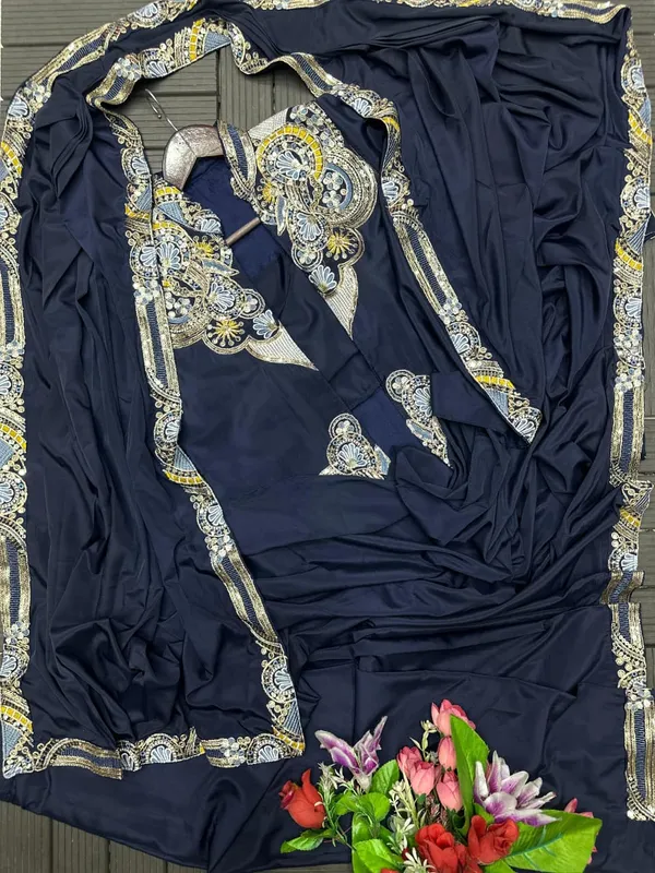 New_Super_Trending_Embroidery_Sequence_Work_Ready_To_Wear_Saree_With_Full_Koti_Navy