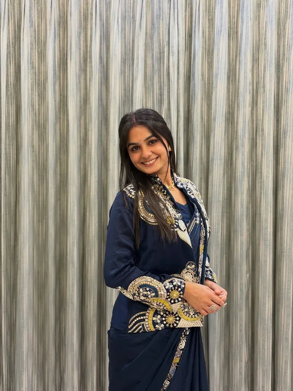 New_Super_Trending_Embroidery_Sequence_Work_Ready_To_Wear_Saree_With_Full_Koti_Navy