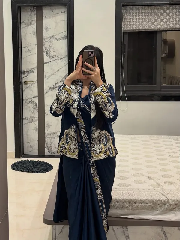 New_Super_Trending_Embroidery_Sequence_Work_Ready_To_Wear_Saree_With_Full_Koti_Navy