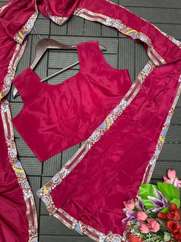 New_Super_Trending_Embroidery_Sequence_Work_Ready_To_Wear_Saree_With_Full_Koti_Pink