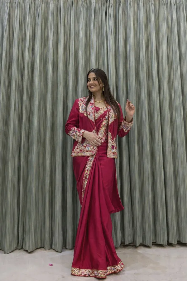 New_Super_Trending_Embroidery_Sequence_Work_Ready_To_Wear_Saree_With_Full_Koti_Pink