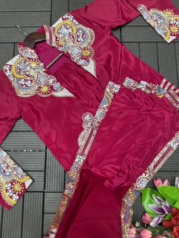 New_Super_Trending_Embroidery_Sequence_Work_Ready_To_Wear_Saree_With_Full_Koti_Pink