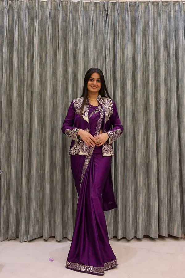 New_Super_Trending_Embroidery_Sequence_Work_Ready_To_Wear_Saree_With_Full_Koti_Purple