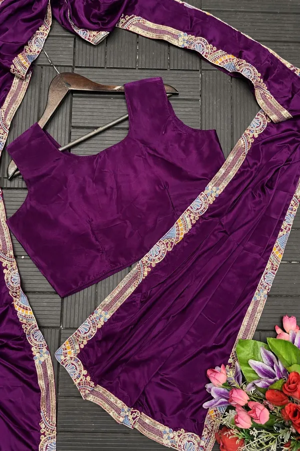 New_Super_Trending_Embroidery_Sequence_Work_Ready_To_Wear_Saree_With_Full_Koti_Purple