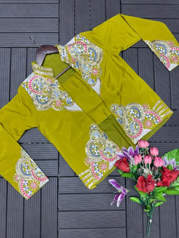 New_Super_Trending_Embroidery_Sequence_Work_Ready_To_Wear_Saree_With_Full_Koti_Lime_Green