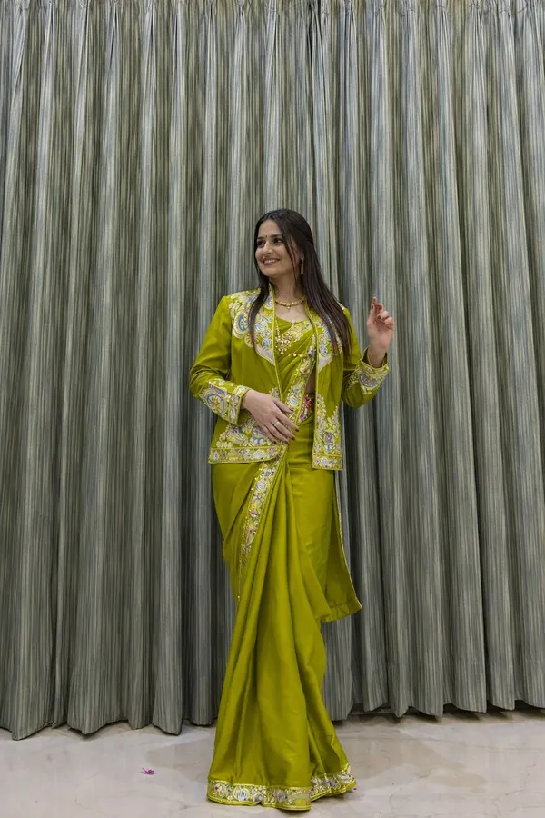 New_Super_Trending_Embroidery_Sequence_Work_Ready_To_Wear_Saree_With_Full_Koti_Lime_Green
