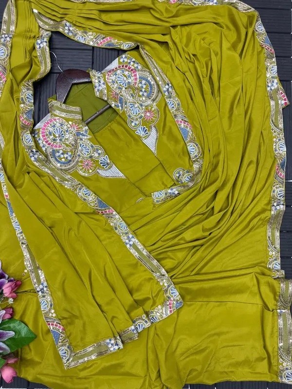 New_Super_Trending_Embroidery_Sequence_Work_Ready_To_Wear_Saree_With_Full_Koti_Lime_Green
