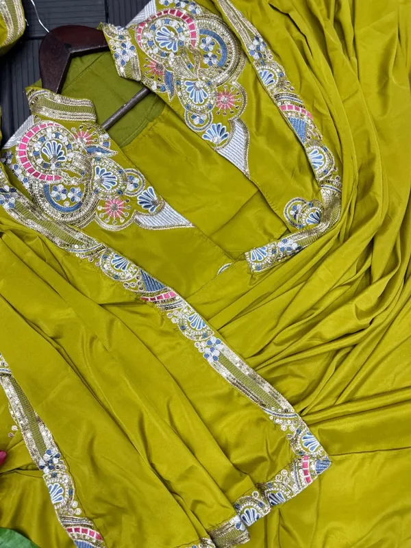 New_Super_Trending_Embroidery_Sequence_Work_Ready_To_Wear_Saree_With_Full_Koti_Lime_Green
