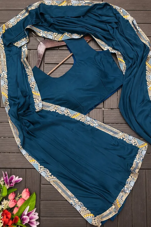 New_Super_Trending_Embroidery_Sequence_Work_Ready_To_Wear_Saree_With_Full_Koti_Teal