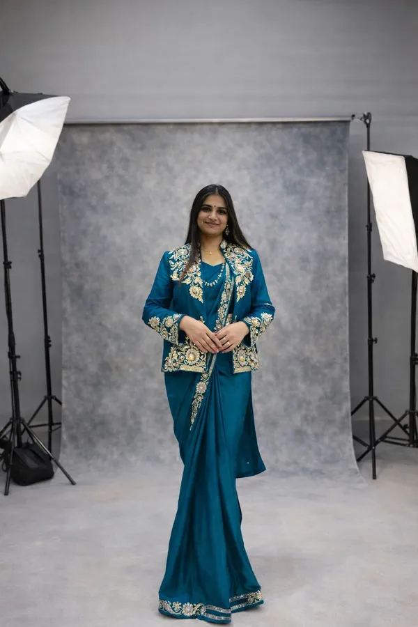 New_Super_Trending_Embroidery_Sequence_Work_Ready_To_Wear_Saree_With_Full_Koti_Teal