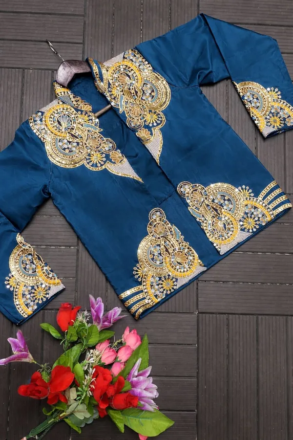 New_Super_Trending_Embroidery_Sequence_Work_Ready_To_Wear_Saree_With_Full_Koti_Teal