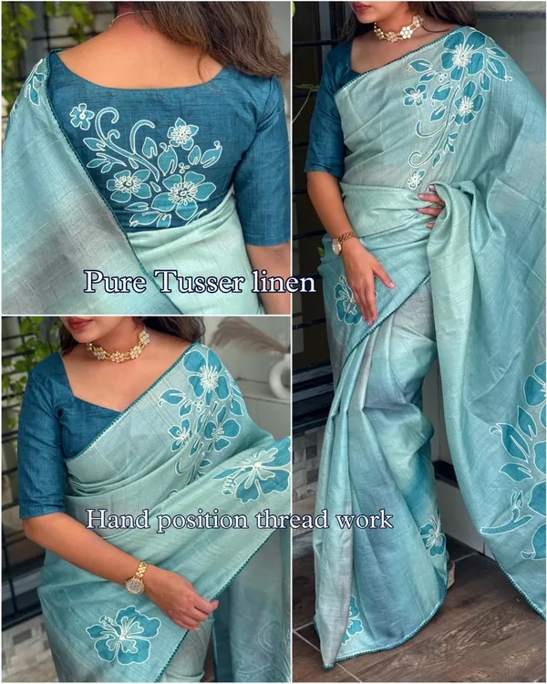 Linen_Cotton_Coorg_Saree_With_Kantha_Hand_Position_Work_Sky_Blue
