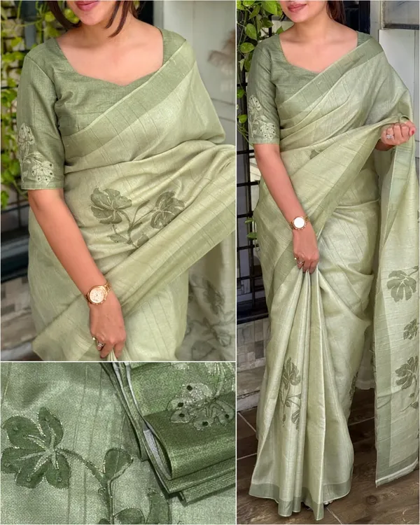Linen_Cotton_Coorg_Saree_With_Kantha_Hand_Position_Work_Olive_Green