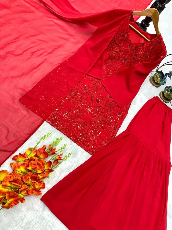 New_Signer_Rose_Pink_Party_Wear_Top_And_Plazo_With_Duppata_And_Embroidery_Work