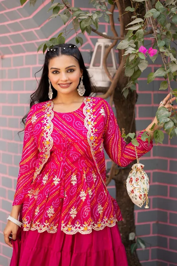 Embroidered_Bandhani_Chinnon_Lehenga_Crop_Top_Set_With_Ethnic_Jacket_Pink