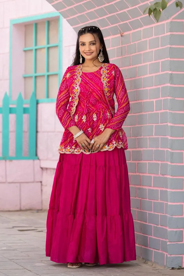 Embroidered_Bandhani_Chinnon_Lehenga_Crop_Top_Set_With_Ethnic_Jacket_Pink
