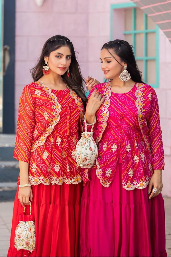 Embroidered_Bandhani_Chinnon_Lehenga_Crop_Top_Set_With_Ethnic_Jacket_Pink