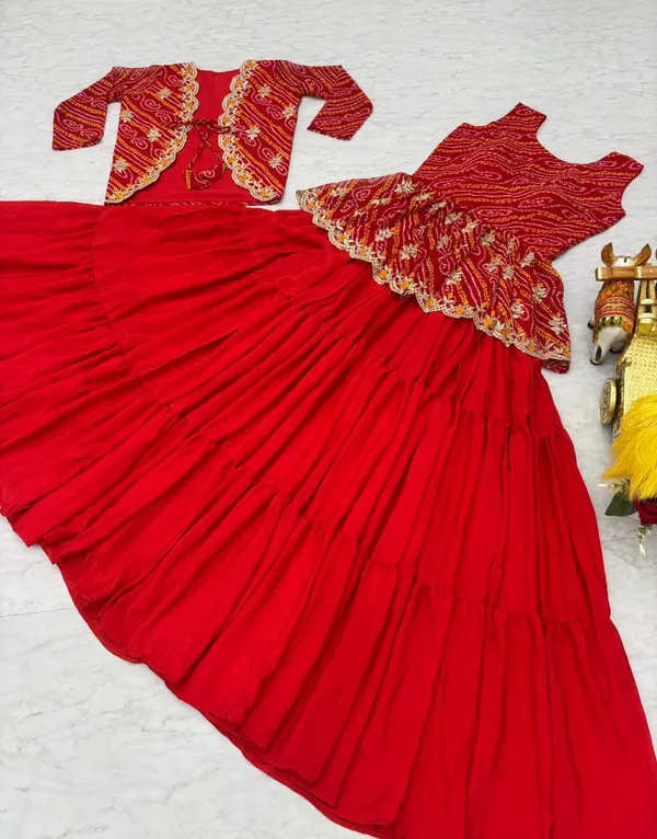 Embroidered_Bandhani_Chinnon_Lehenga_Crop_Top_Set_With_Ethnic_Jacket_Red