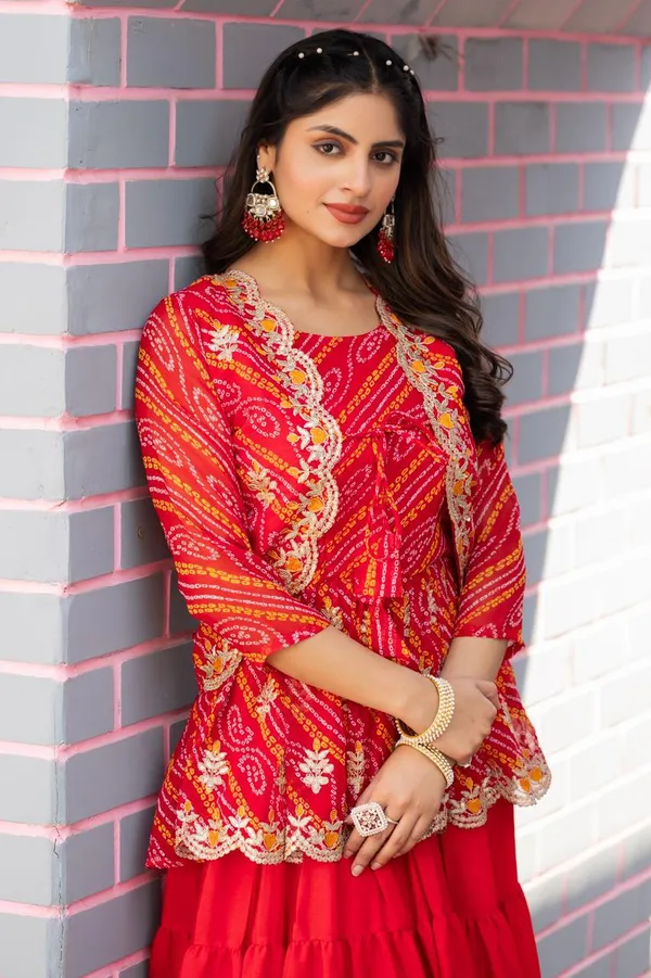 Embroidered_Bandhani_Chinnon_Lehenga_Crop_Top_Set_With_Ethnic_Jacket_Red