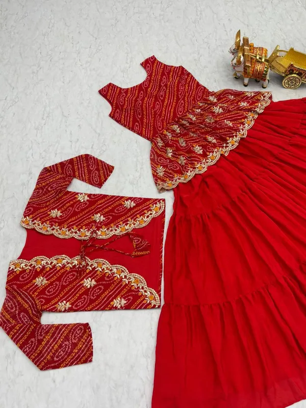 Embroidered_Bandhani_Chinnon_Lehenga_Crop_Top_Set_With_Ethnic_Jacket_Red