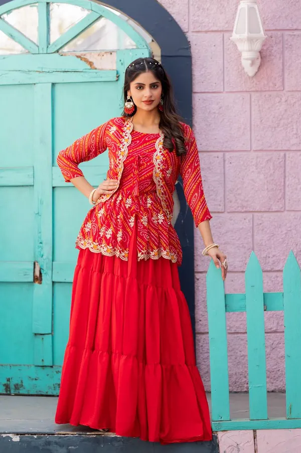 Embroidered_Bandhani_Chinnon_Lehenga_Crop_Top_Set_With_Ethnic_Jacket_Red
